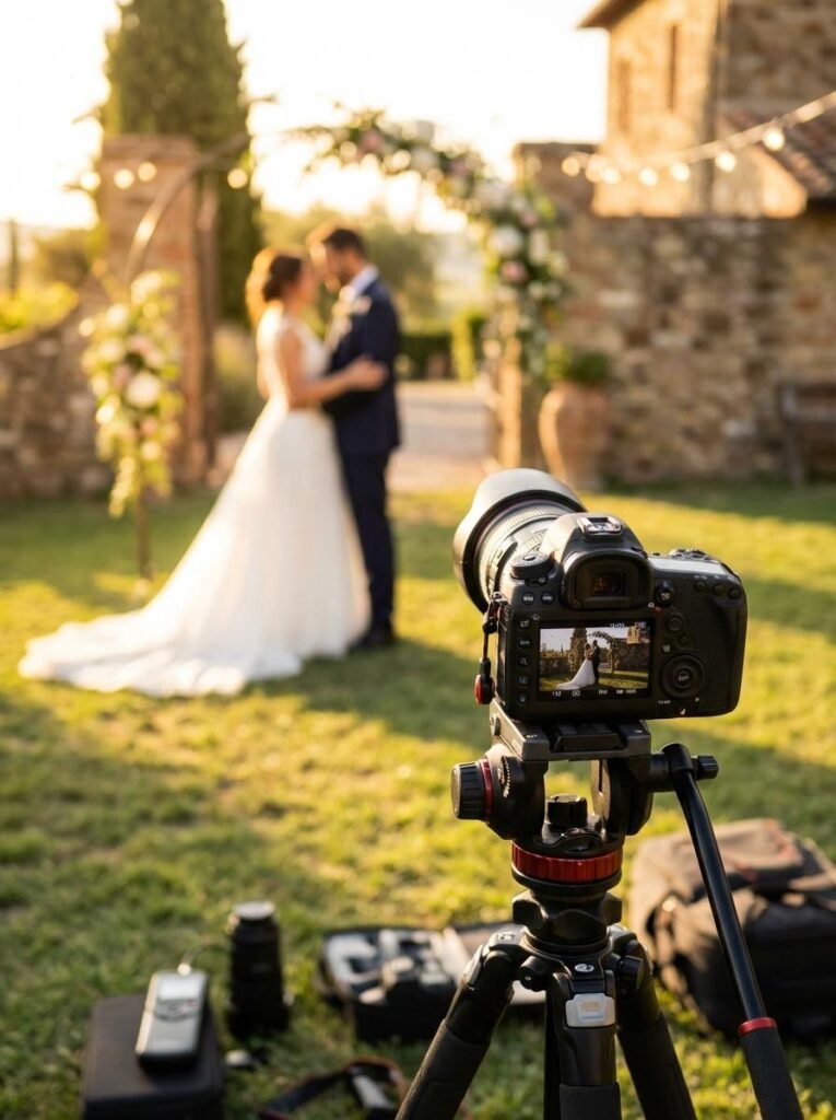 camara fija haciendo una foto a los recien casados