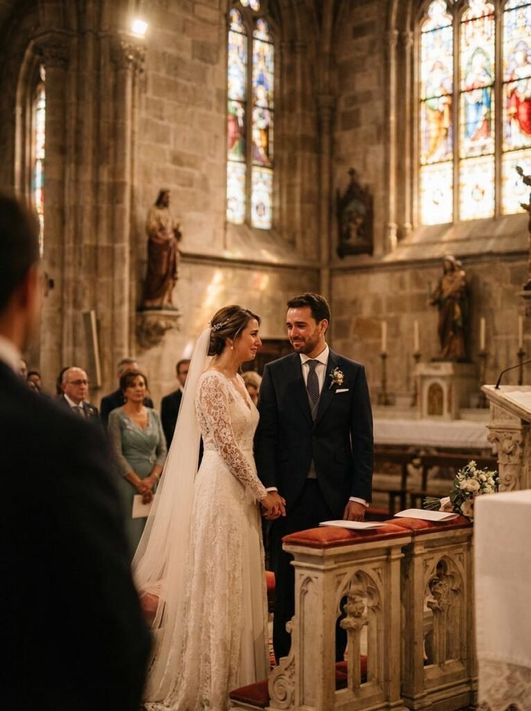 Los novios se miran en el altar, la mujer esta llorando de emocion