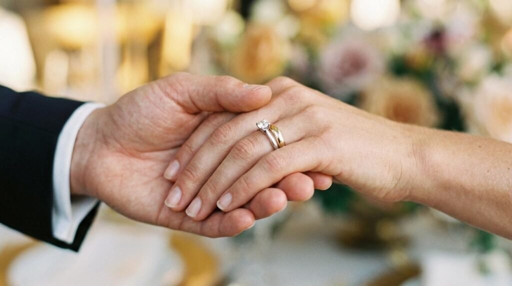 Mano del hombre agarrando la mano de su mujer viendose el anillo de recien casados