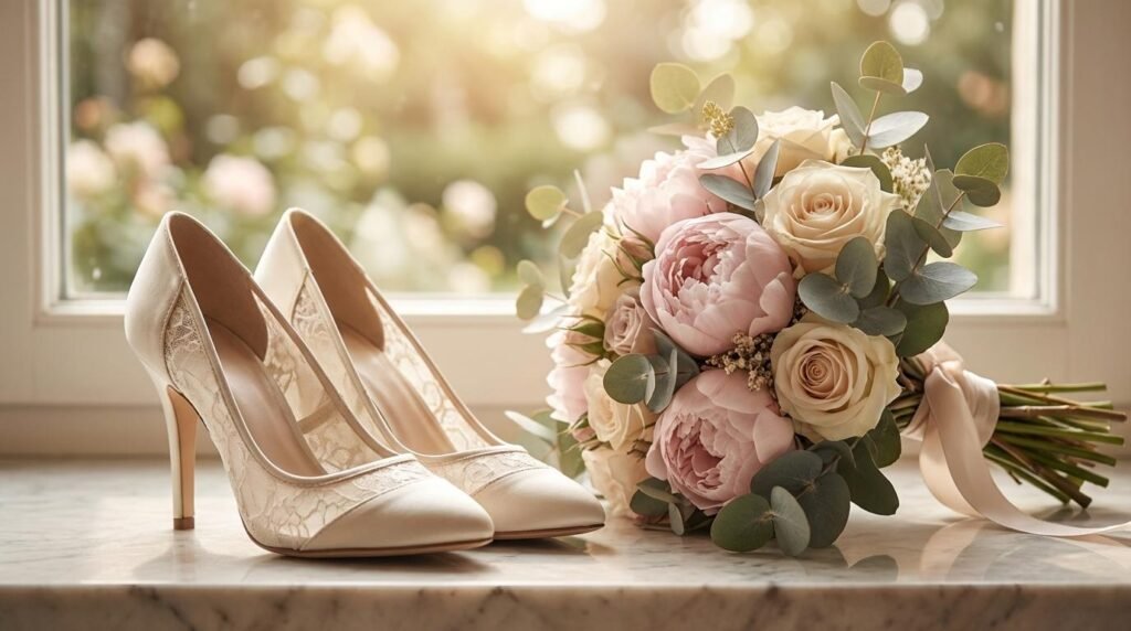 zapatos de la novia junto a un ramo de flores