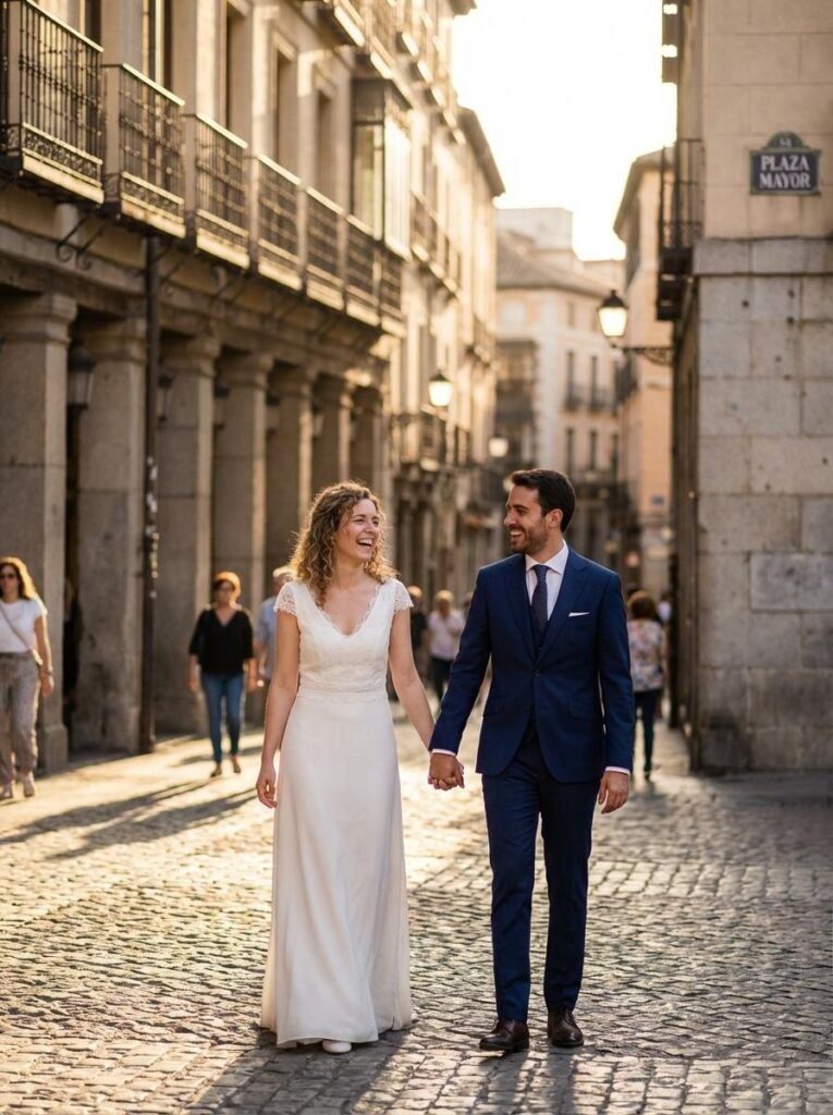 Pareja de casados agarrandose de la mano en Plaza Mayor
