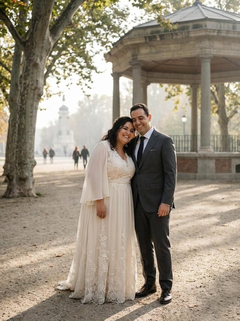 Pareja de casados abrazados posando a camara.