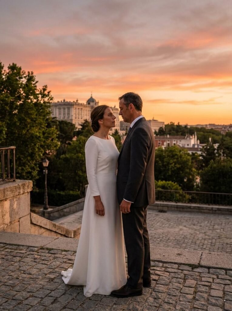 Pareja de casados posando con puesta del sol