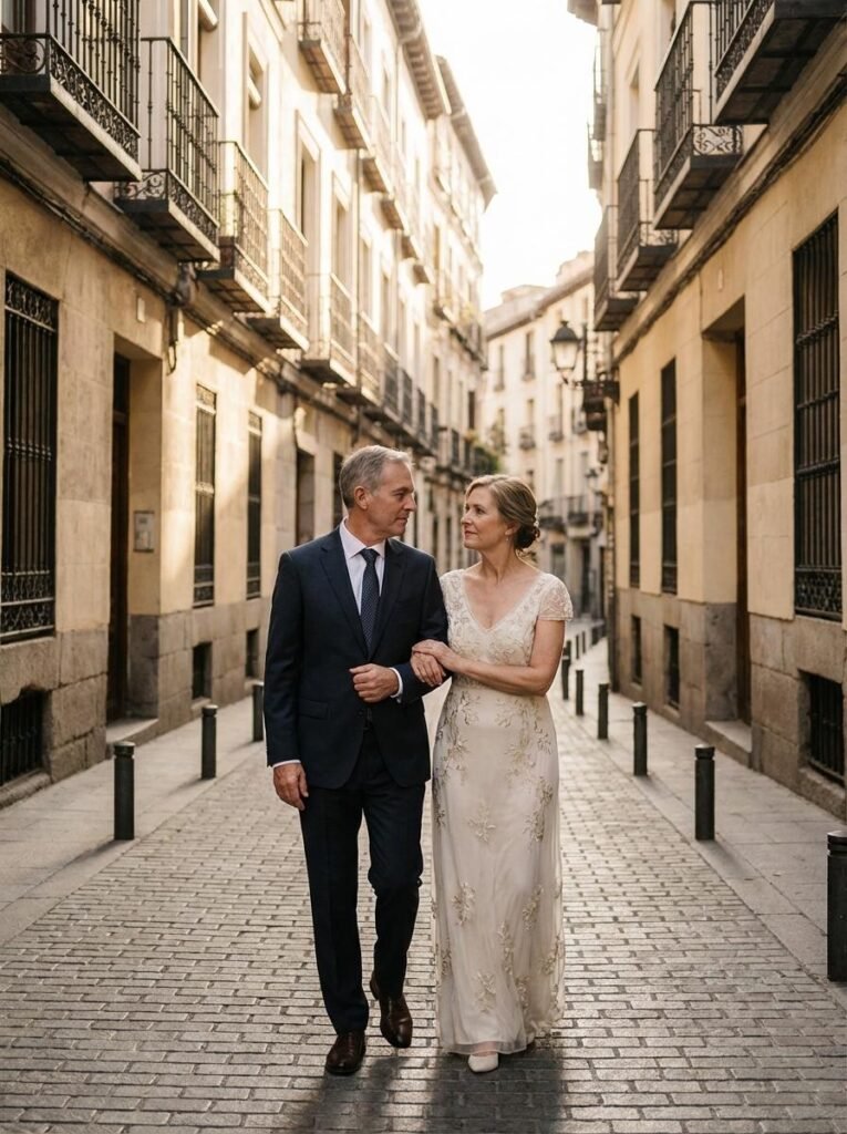 Pareja mayor pozando abrazdos en la calle