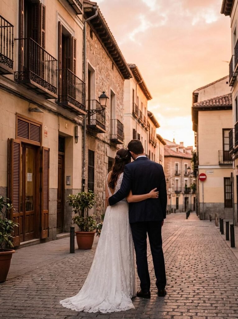 Pareja abrazandose de espalda con mirando la puesta del sol