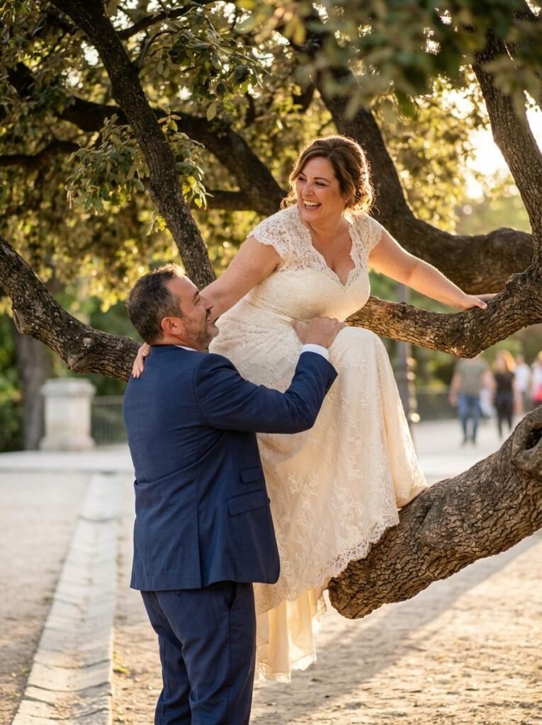 Mujer subiendose a un arbol mientras el marido la agarra para no caerse.